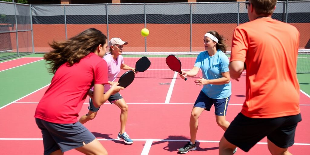 Players engaged in an exciting pickleball match on court.