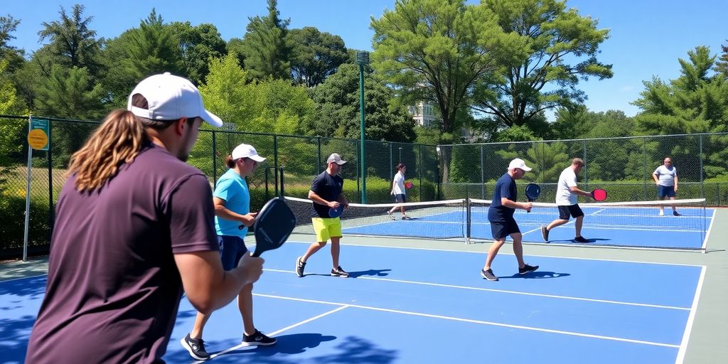 Pickleball players competing on outdoor courts in Charlotte.