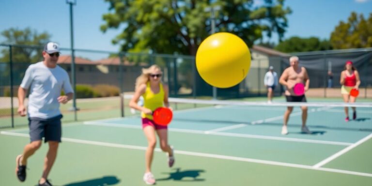 Players actively competing in a pickleball match.