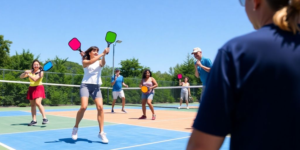 Diverse pickleball players on a sunny outdoor court.