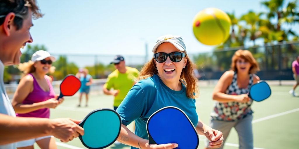 Players enjoying a lively pickleball match on a court.