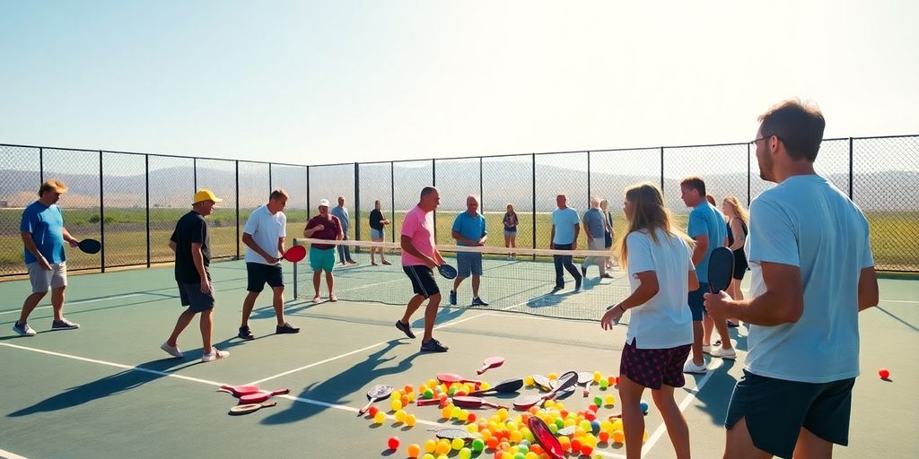 Players enjoying a lively game of pickleball on a court.