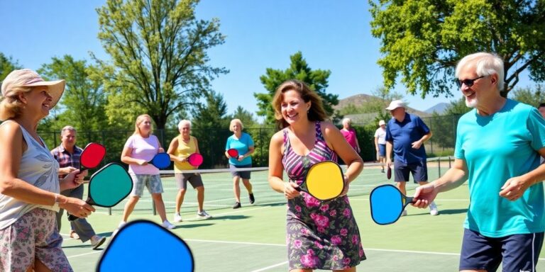 Players enjoying a lively game of pickleball outdoors.