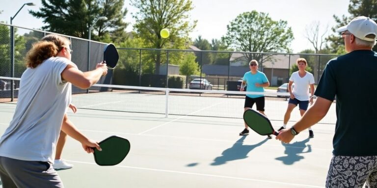 Players competing in a fast-paced pickleball match.