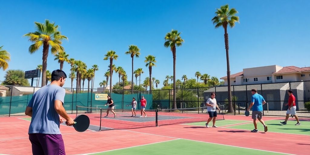 Players enjoying pickleball on a sunny San Diego court.