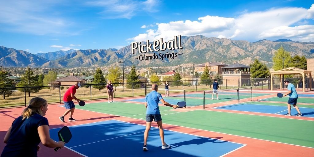 Players enjoying pickleball on a sunny Colorado Springs court.