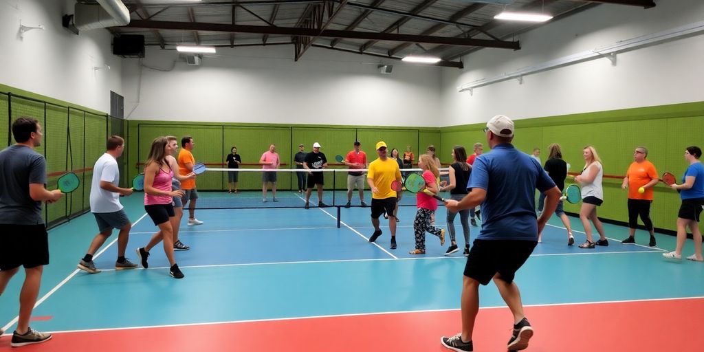 Energetic indoor pickleball action at Lucky Shots Club.