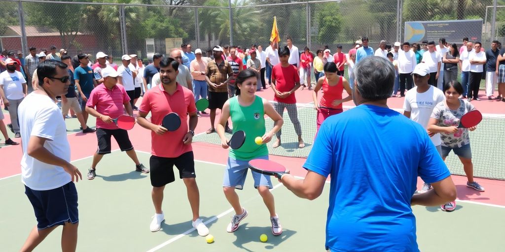 Players enjoying pickleball in a sunny Hyderabad court.