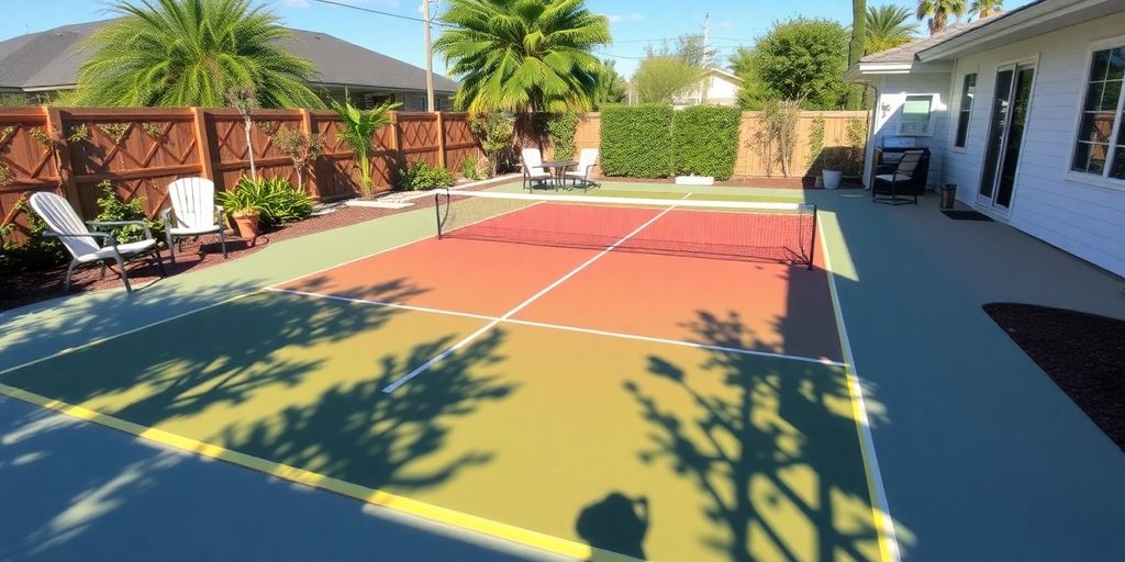 Newly built pickleball court in a sunny backyard.