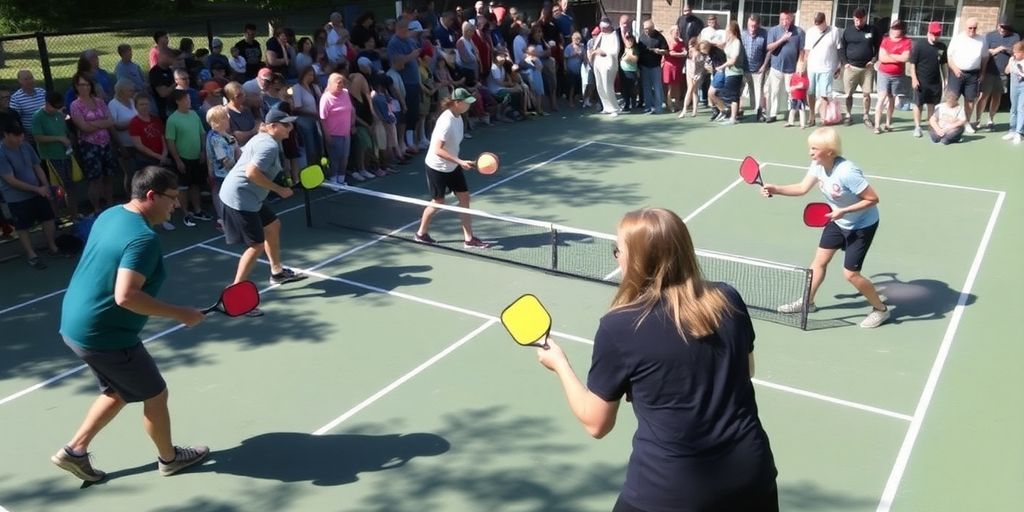 Burlington pickleball players in action on a sunny court.