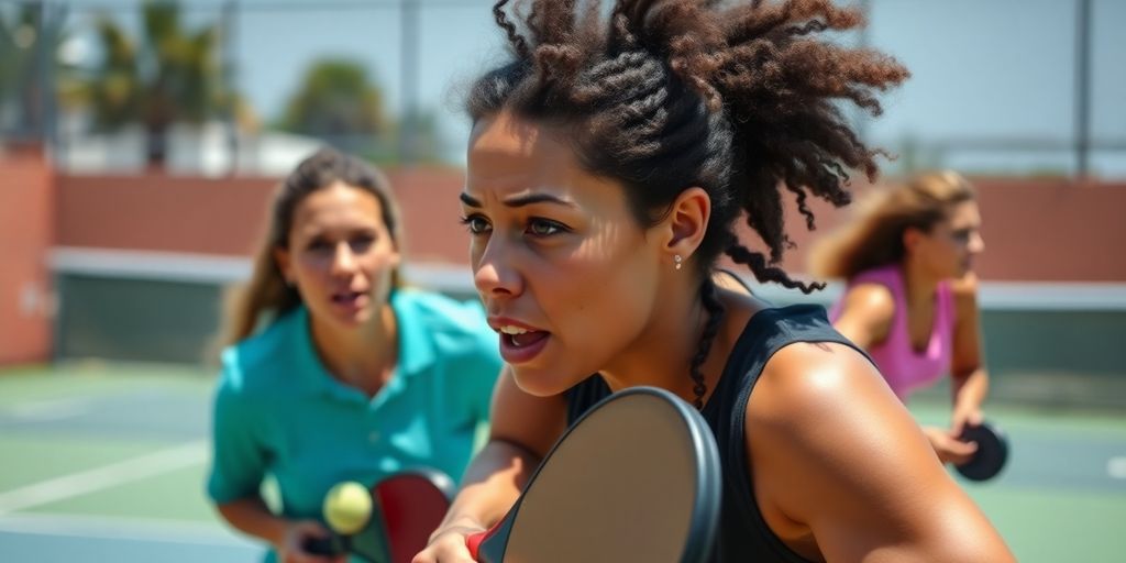 Players intensely competing in a pickleball match.