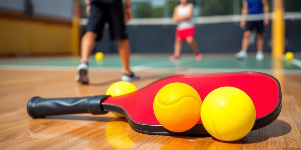 Pickleball paddle and balls on a court.