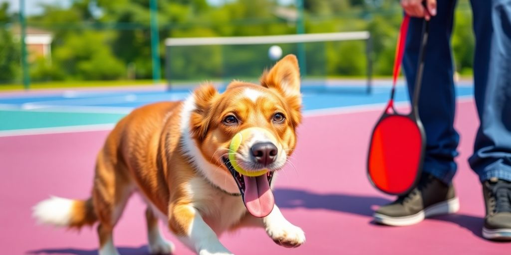 Dog playing pickleball with owner on a sunny court.