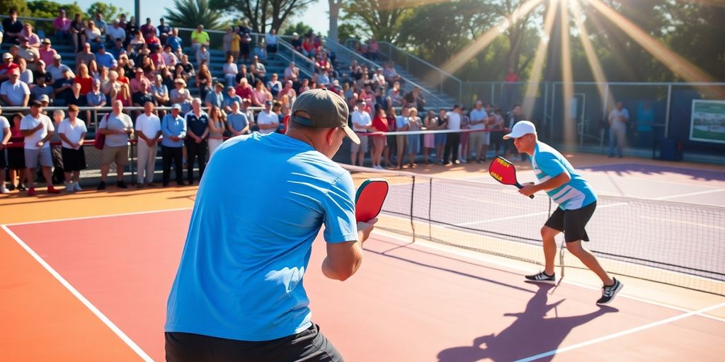 Players competing in an exciting pickleball match outdoors.