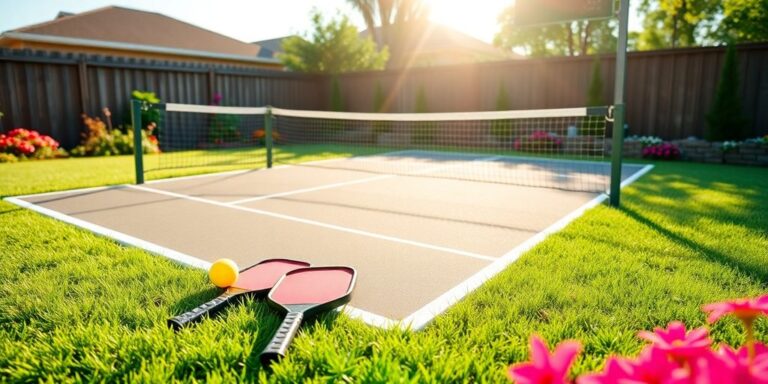 Backyard pickleball court with net, paddles, and balls.