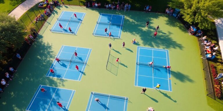 Aerial view of colorful pickleball courts with players.