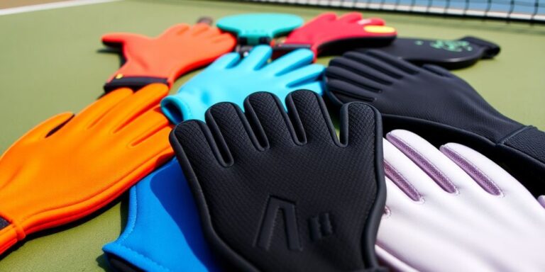 Various colorful pickleball gloves on a court surface.