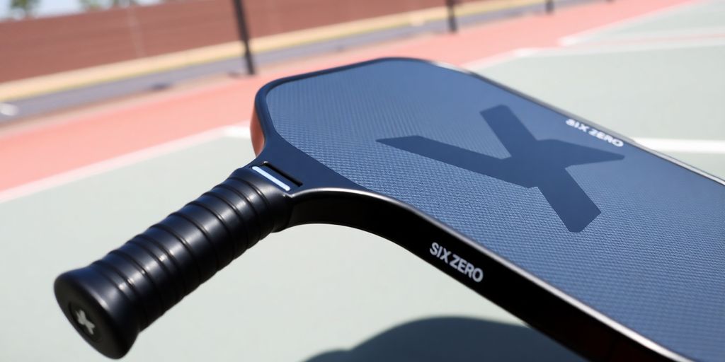 Close-up of Six Zero Double Black Diamond Pickleball Paddle.