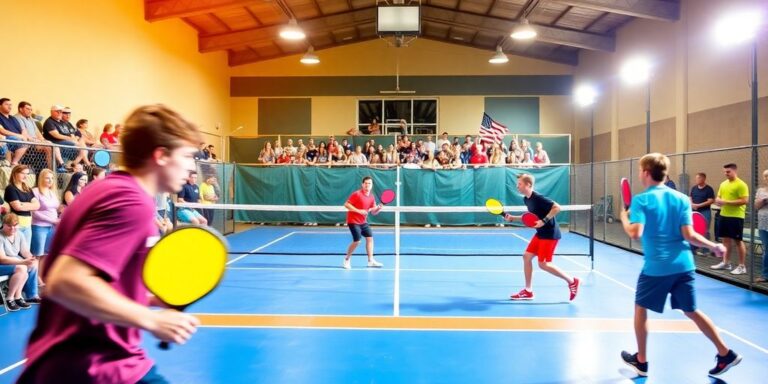 Pickleball players in action on a colorful court.