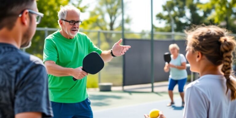 Pickleball coach instructing players on the court outdoors.