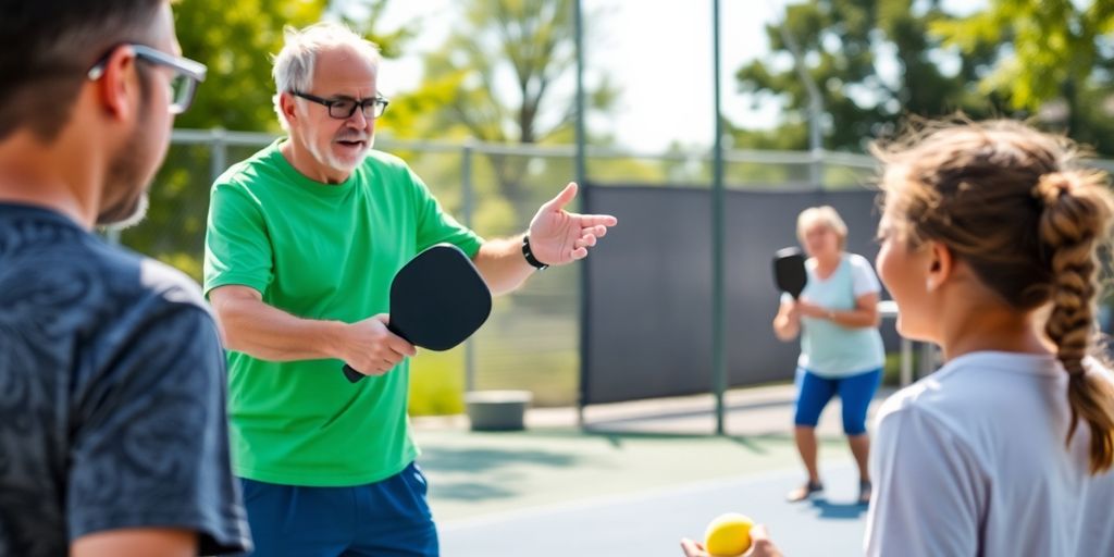 Pickleball coach instructing players on the court outdoors.