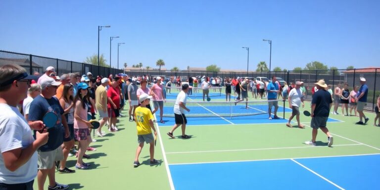 Active pickleball court with players and spectators enjoying the game.