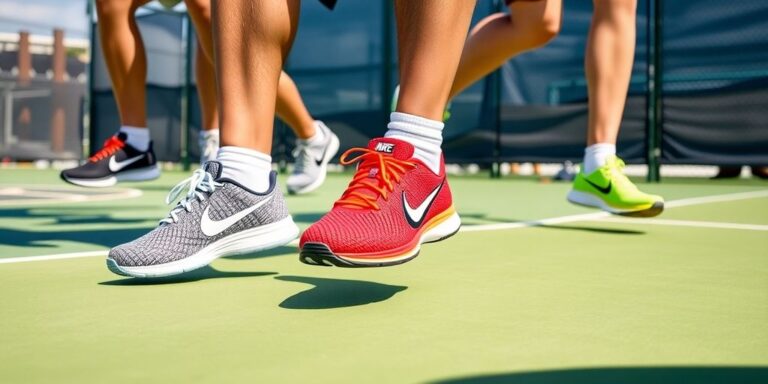 Players in Nike pickleball shoes on a vibrant court.