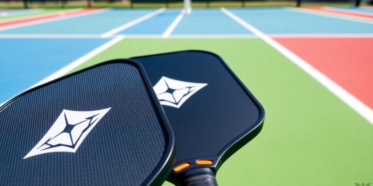 Black Diamond paddles on a colorful pickleball court.
