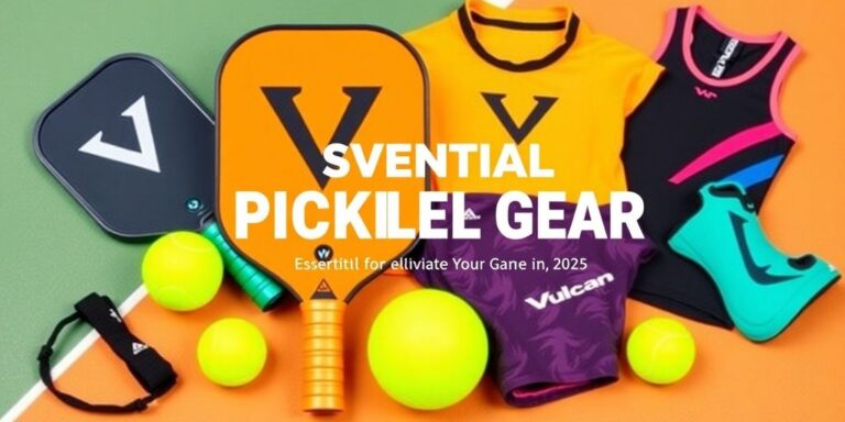 Vulcan pickleball gear on a court background.