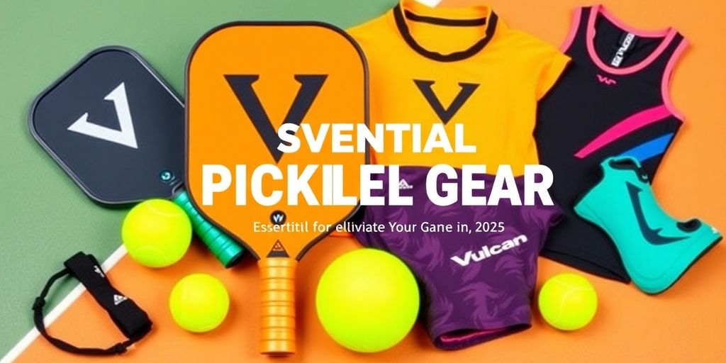 Vulcan pickleball gear on a court background.
