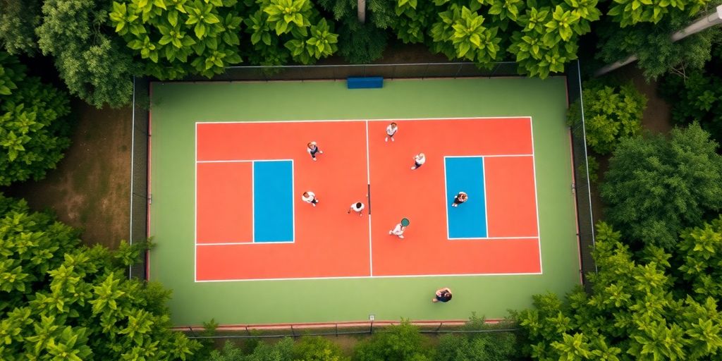 A pickleball court with players enjoying the game outdoors.