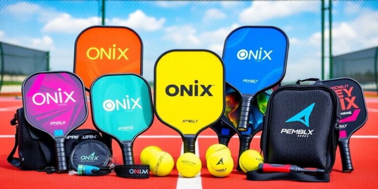 Colorful Onix pickleball paddles and balls on a court.