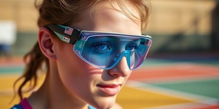 Player in protective eyewear ready to play pickleball.