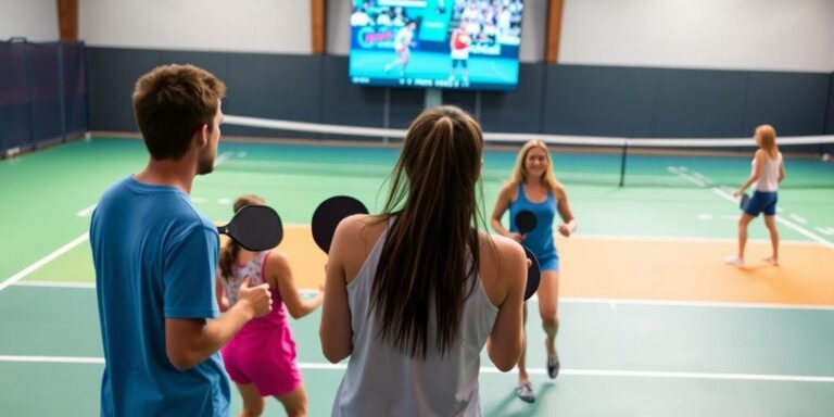 Players enjoying pickleball with a TV broadcasting a match.