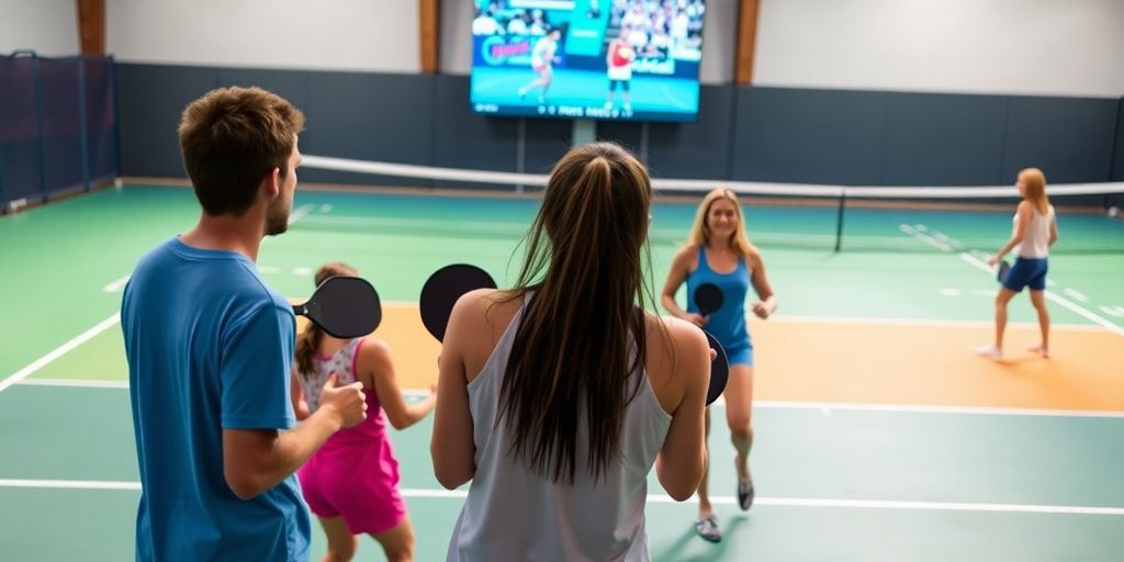 Players enjoying pickleball with a TV broadcasting a match.