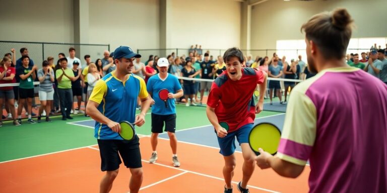 Athletes competing in a lively pickleball match.