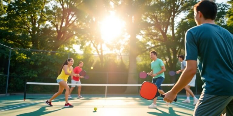 People playing pickleball on a sunny Singapore court.