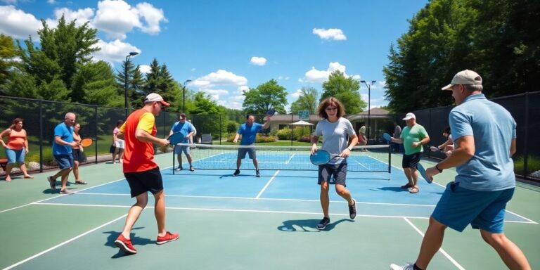 Pickleball players enjoying a game on an outdoor court.