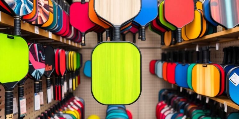 Colorful assortment of pickleball paddles in a store.