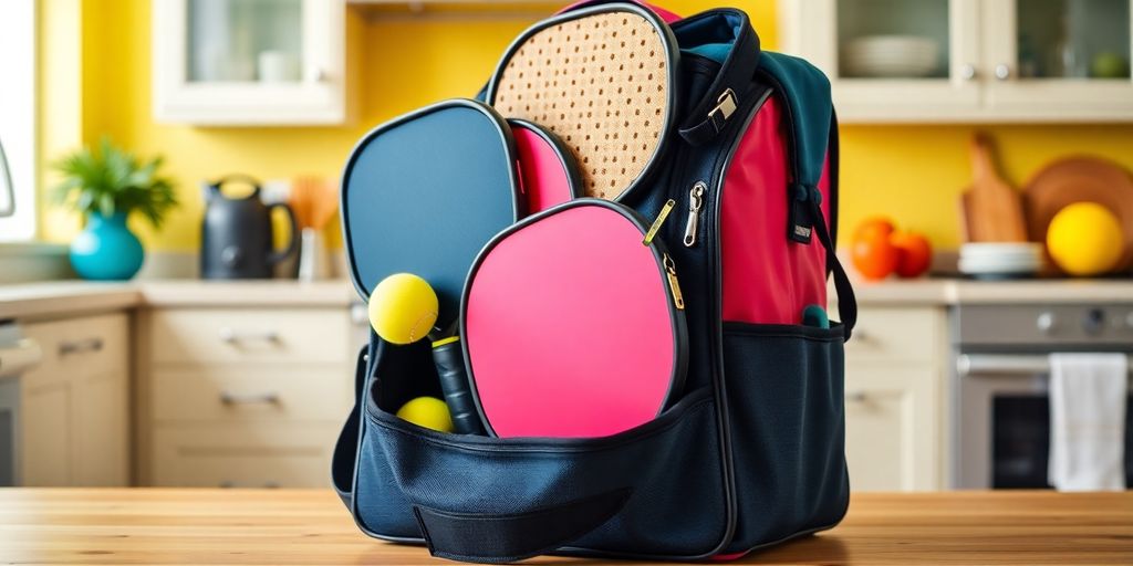 Colorful pickleball bag with paddles and balls in kitchen.