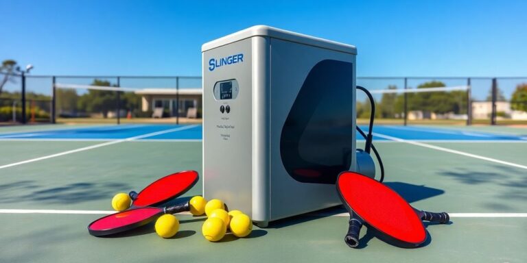 Slinger Pickleball Machine on a court with paddles.