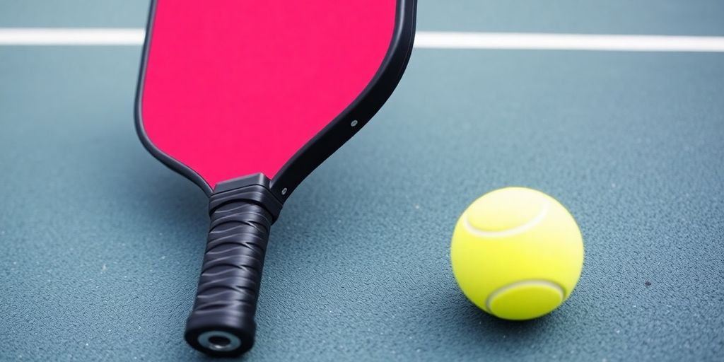 Close-up of a pickleball paddle and ball on court.