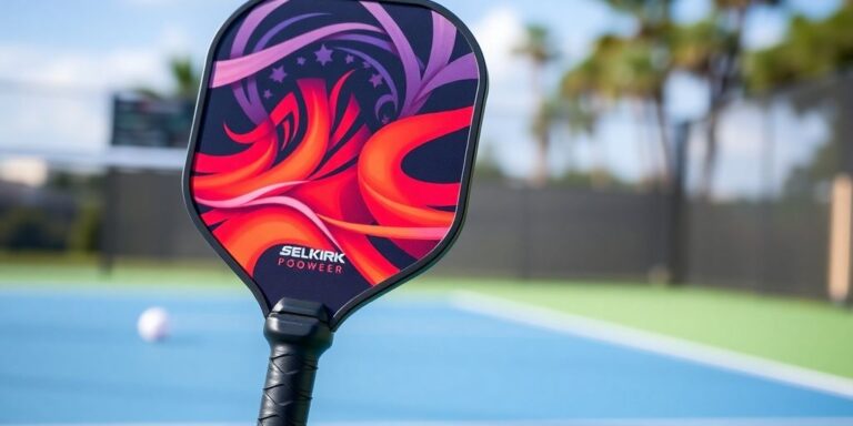 A Selkirk Vanguard Power Air Pickleball Paddle on a court.
