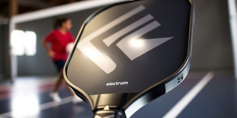 Pickleball paddle, blurred court background, dynamic lighting.