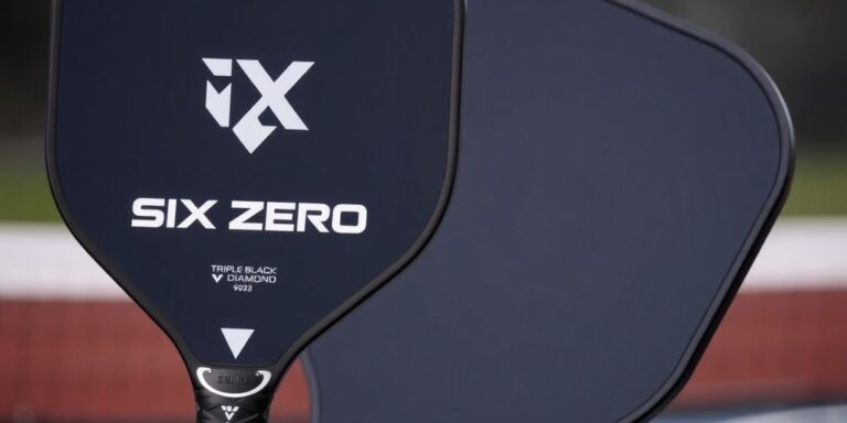Close-up of Six Zero Triple Black Diamond pickleball paddle.