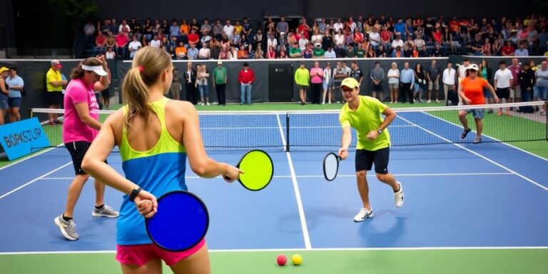 Exciting pickleball match with players and spectators on court.