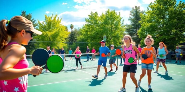 Players actively enjoying pickleball at a summer camp.