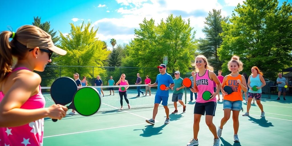 Players actively enjoying pickleball at a summer camp.