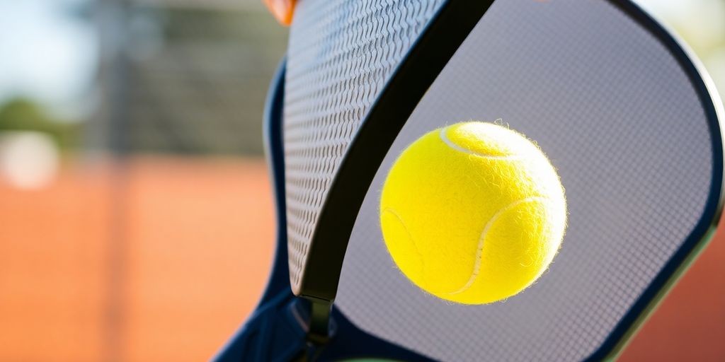 Pickleball paddle hitting a ball mid-air