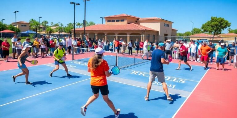 Players enjoying a pickleball match on a bright court.